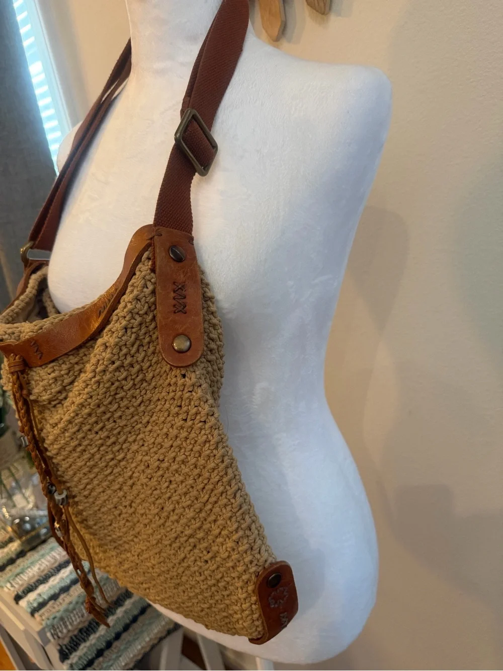 Lucky Brand Crochet Hobo Shoulder Bag | Leather Trim | Boho Festival Purse